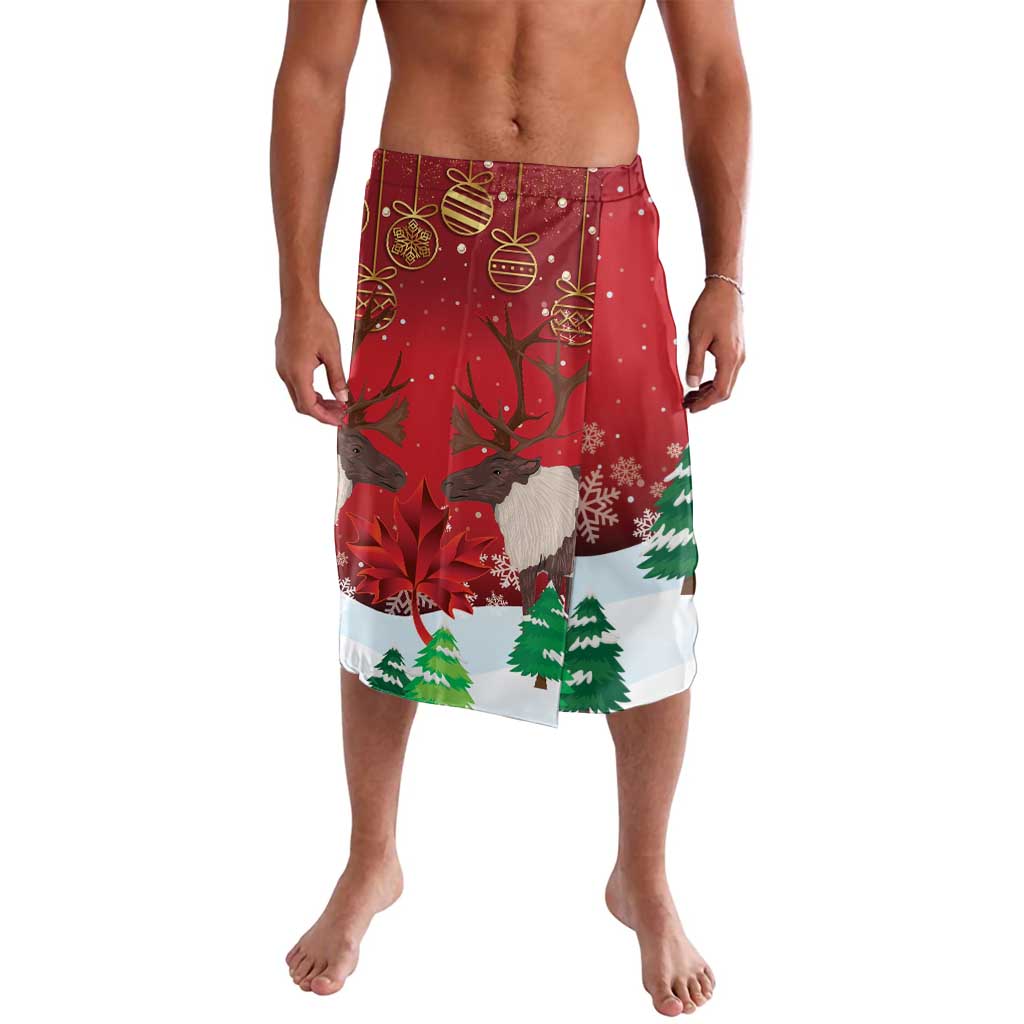 Men's red Christmas lavalava skirt with caribou, candy icons and snowflake trees