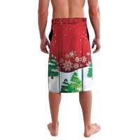 Men's red Christmas lavalava skirt with snowflake pattern, pine trees and green trim