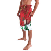 Men's red Christmas lavalava skirt with caribou graphic, pine trees and white hem
