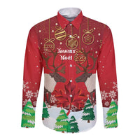 Red long-sleeve button shirt with reindeer and holiday ornaments, front