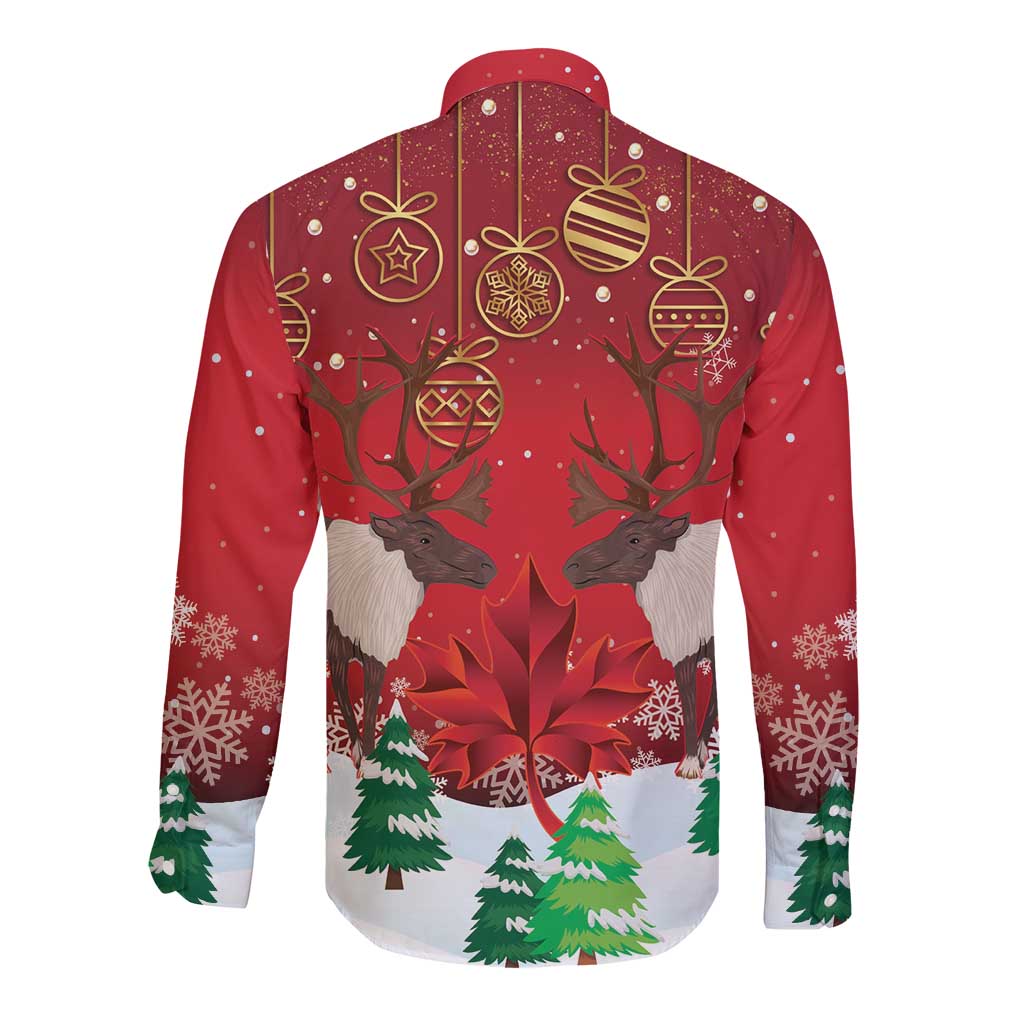 Red long-sleeve button shirt with reindeer and holiday ornaments, back view