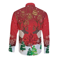 Red long-sleeve button shirt with reindeer and holiday ornaments, back view