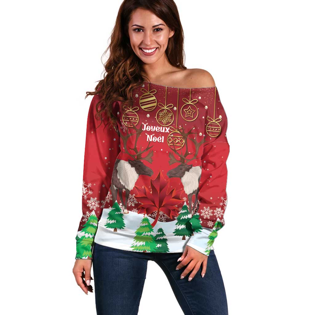 Christmas Canada Off Shoulder Sweater Joyeux Noel - Caribou With Maple Leaf - Wonder Print Shop