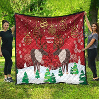 Red Christmas quilt, caribou silhouette, 'Joyeux Noel' text, and green tree border