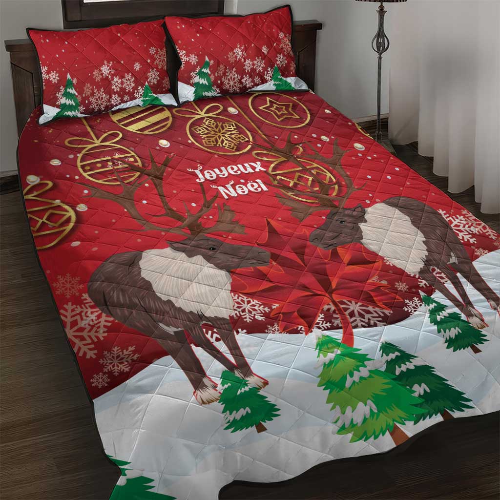 Christmas Canada Quilt Bed Set Joyeux Noel - Caribou With Maple Leaf