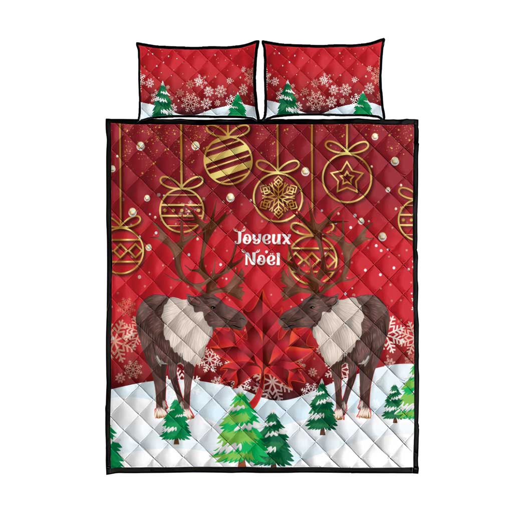 Red quilt bed set with caribou and ornaments, snowflake print, plus two pillow covers