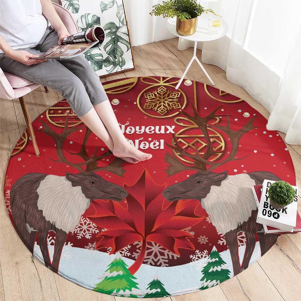 Red circular Christmas rug with four reindeer faces, tree prints, and Joyeux Noel