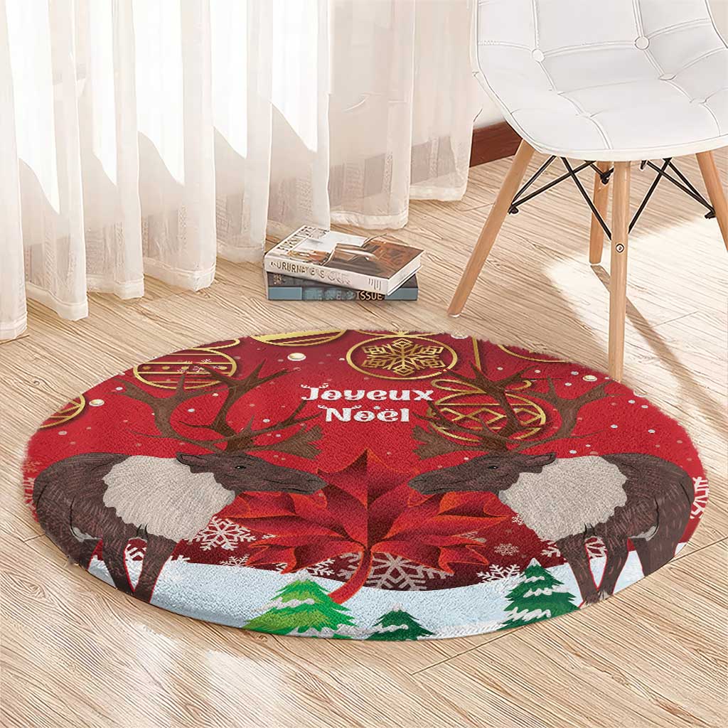 Red circular Christmas rug with reindeer graphic and Joyeux Noel lettering near edge