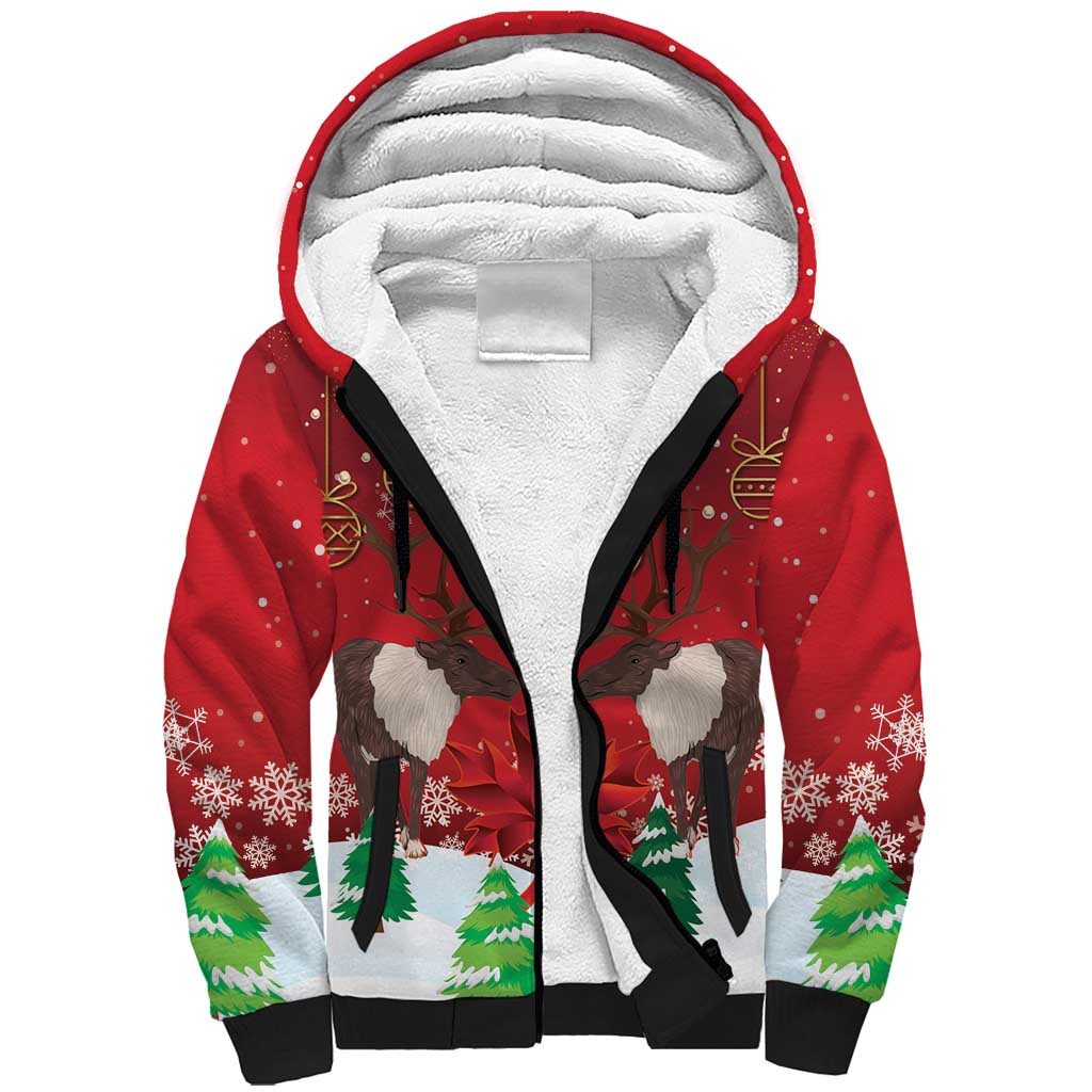 Christmas Canada Sherpa Hoodie Joyeux Noel - Caribou With Maple Leaf - Wonder Print Shop