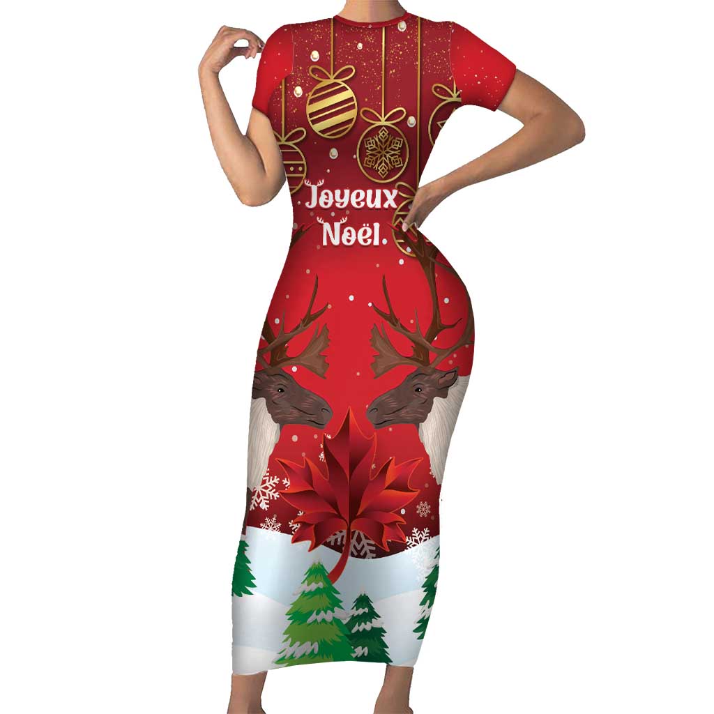 Christmas Canada Short Sleeve Bodycon Dress Joyeux Noel - Caribou With Maple Leaf - Wonder Print Shop