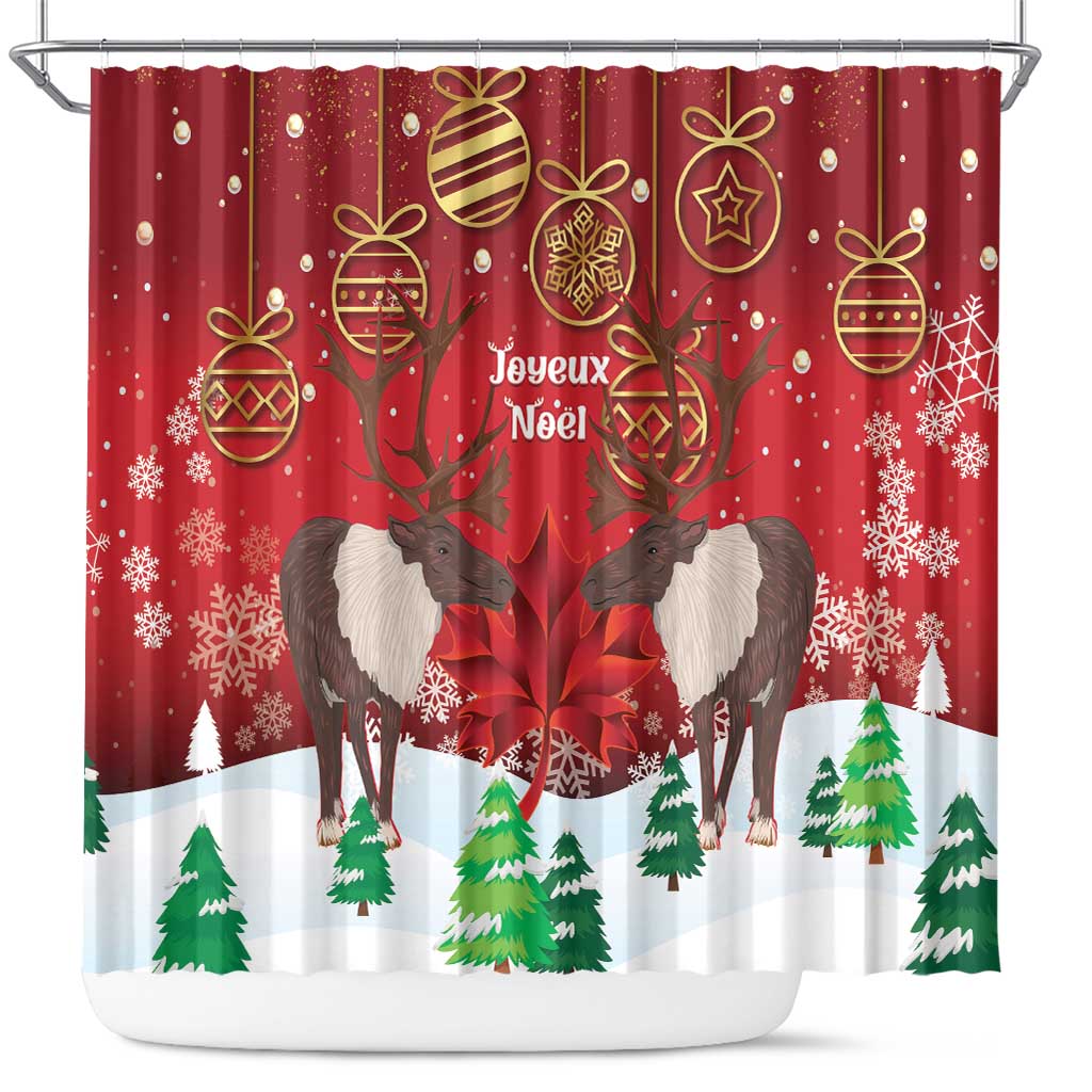 Christmas Canada Shower Curtain Joyeux Noel - Caribou With Maple Leaf