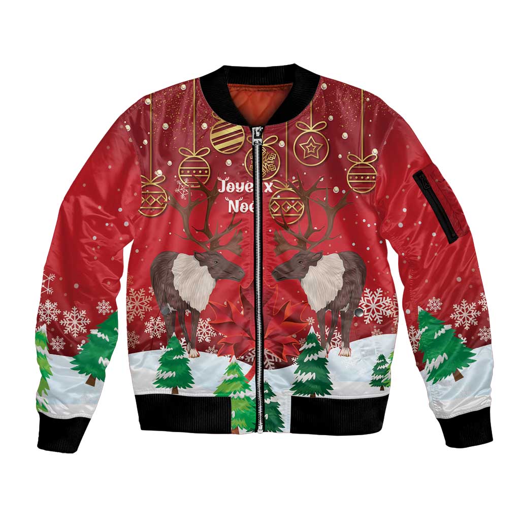 Christmas Canada Sleeve Zip Bomber Jacket Joyeux Noel - Caribou With Maple Leaf