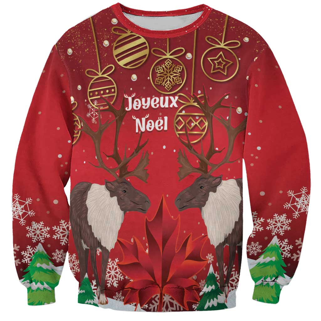 Red crewneck Christmas sweatshirt with caribou graphic and Joyeux Noel text