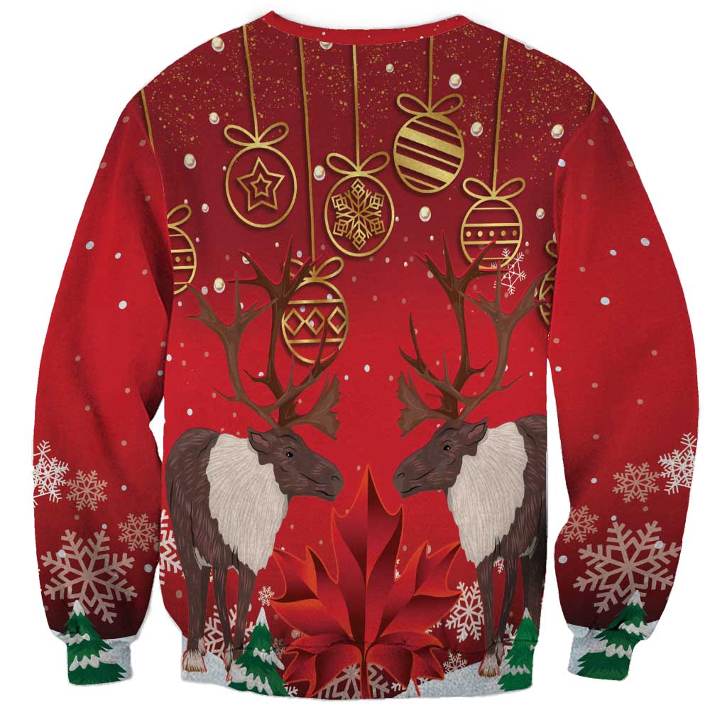 Red crewneck Christmas sweatshirt with caribou graphic and hanging ornament pattern