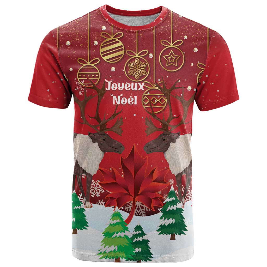 Christmas Canada T Shirt Joyeux Noel - Caribou With Maple Leaf