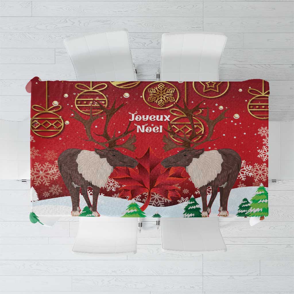 Red Christmas tablecloth with caribou, maple leaf, and Joyeux Noel print