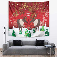 Christmas tapestry with two caribou, maple leaves, and Joyeux Noel text
