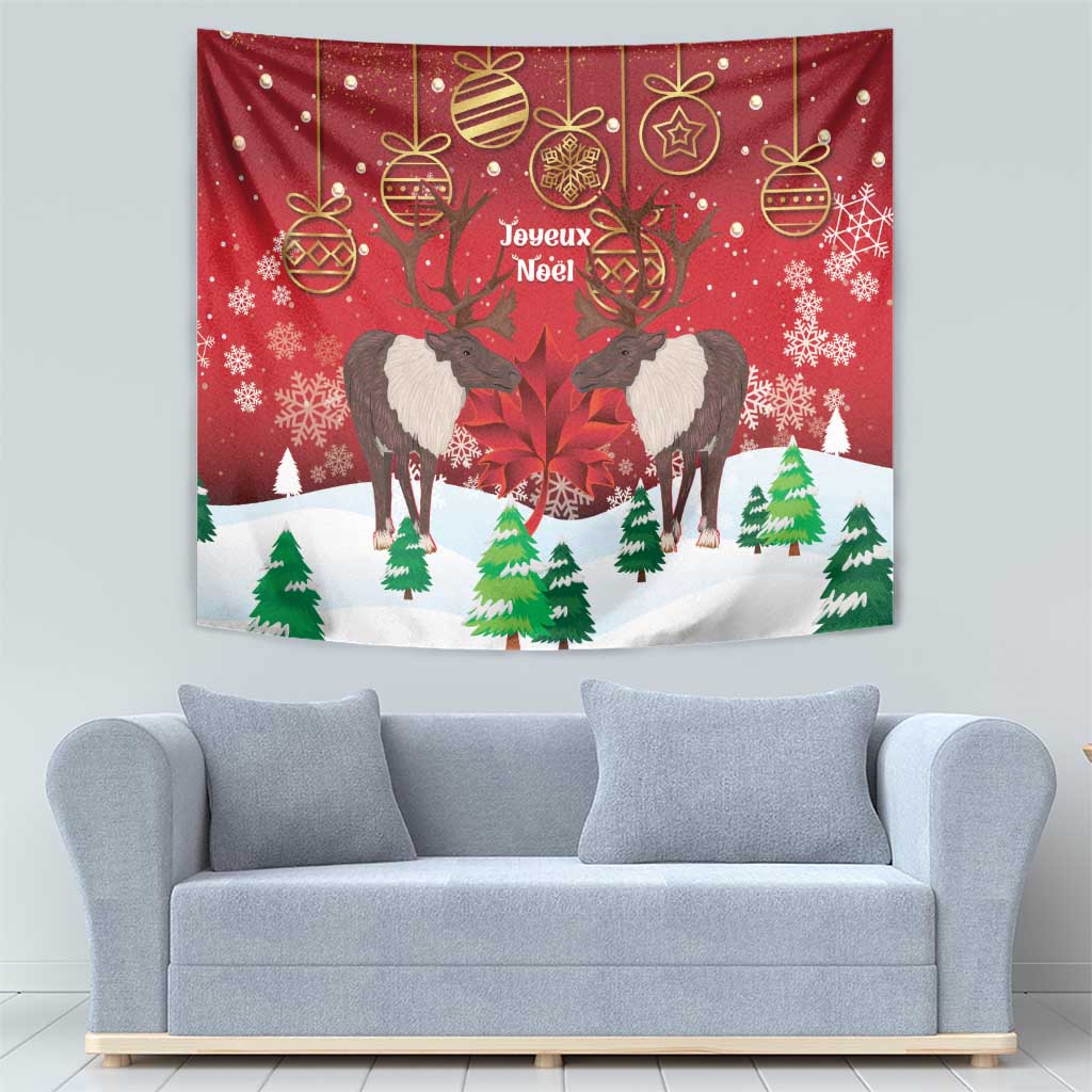 Christmas Canada tapestry with caribou, maple leaf, ornaments, snowflakes, and Joyeux Noel
