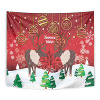 Christmas tapestry with caribou and maple leaf, red