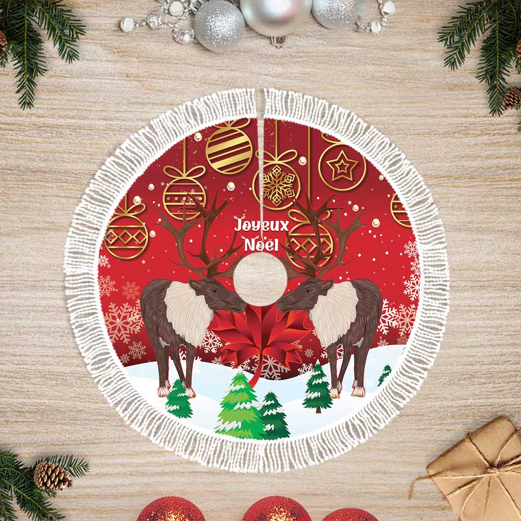 Red Christmas tree skirt with reindeer, Joyeux Noel text, and white fringed border
