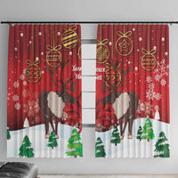 Red Christmas window curtain with reindeer, gold ornaments, and Joyeux Noel lettering.
