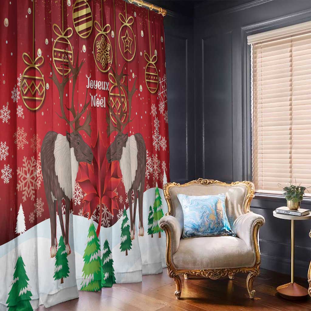 Red Christmas curtain panels with reindeer, gold decorations, snowflake motifs, and pine trees.