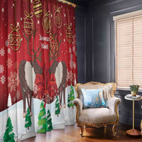 Red Christmas curtain panels with reindeer, gold decorations, snowflake motifs, and pine trees.