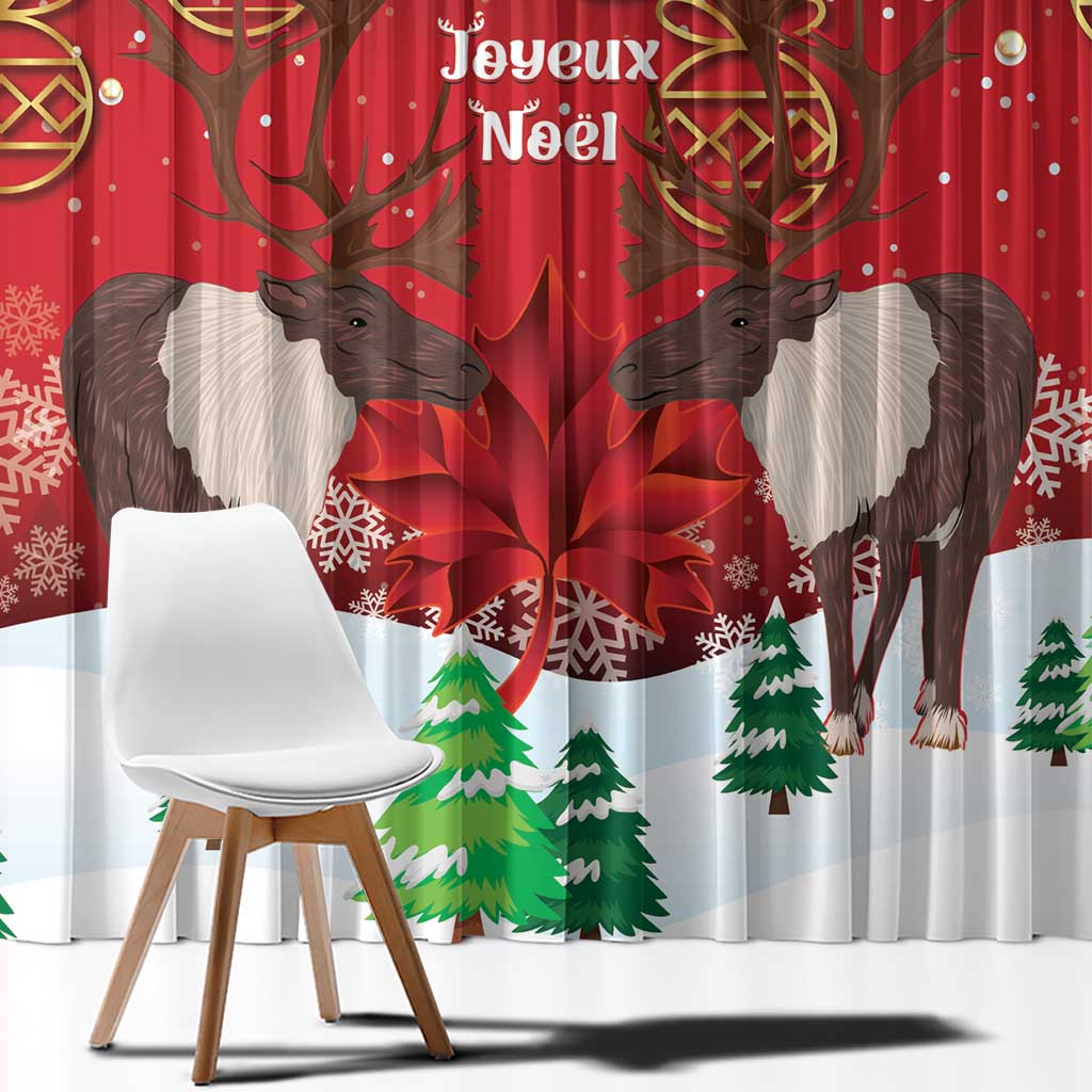 Red Christmas window curtain close-up with two reindeer and Joyeux Noel text above trees.