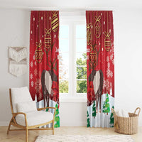 Red Christmas curtain panels with reindeer art, gold ornaments, snowflakes, and pine trees at bottom.
