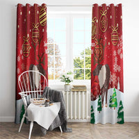 Red Christmas window curtains with reindeer, gold ornaments, snowflakes, and pine trees.