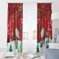 Red Christmas window curtain panels with reindeer, gold ornaments, and white snowflake pattern.
