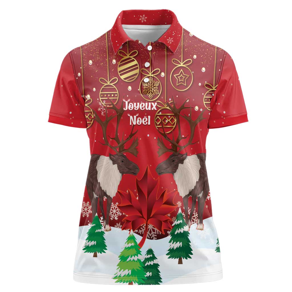 Christmas Canada Women Polo Shirt Joyeux Noel - Caribou With Maple Leaf - Wonder Print Shop