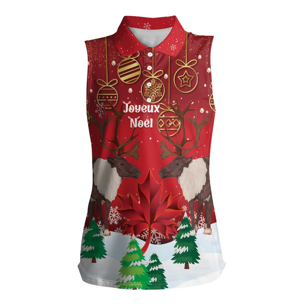 Christmas Canada Women Sleeveless Polo Shirt Joyeux Noel - Caribou With Maple Leaf - Wonder Print Shop