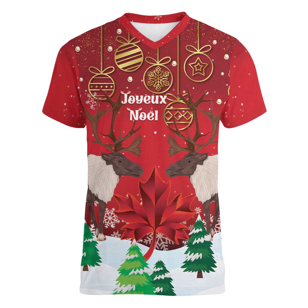 Christmas Canada Women V-Neck T-Shirt Joyeux Noel - Caribou With Maple Leaf - Wonder Print Shop