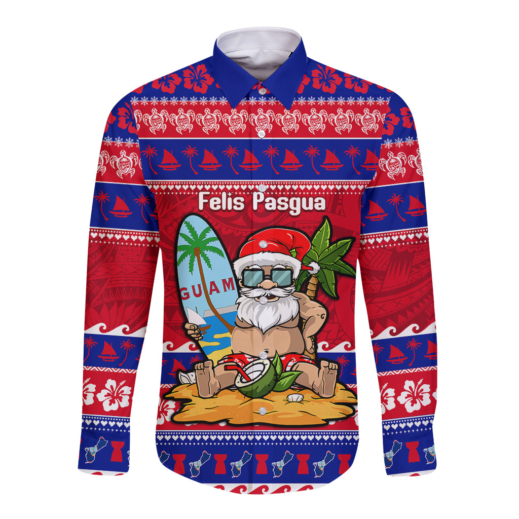 Unisex blue long-sleeve button shirt with red festive graphic front
