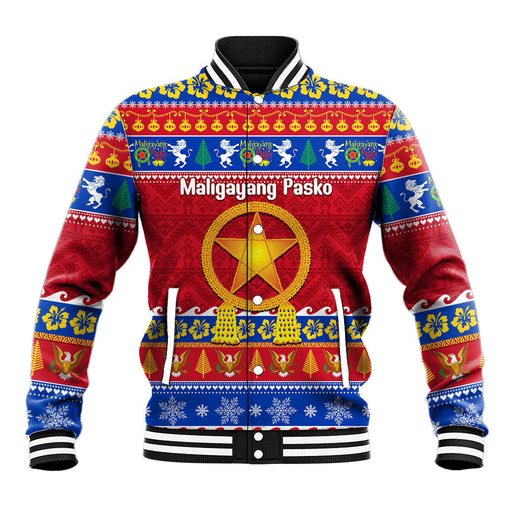 Unisex blue/red Christmas baseball jacket with holiday front graphic and snap buttons