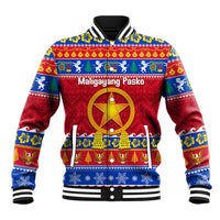Unisex blue/red Christmas baseball jacket with holiday front graphic and snap buttons
