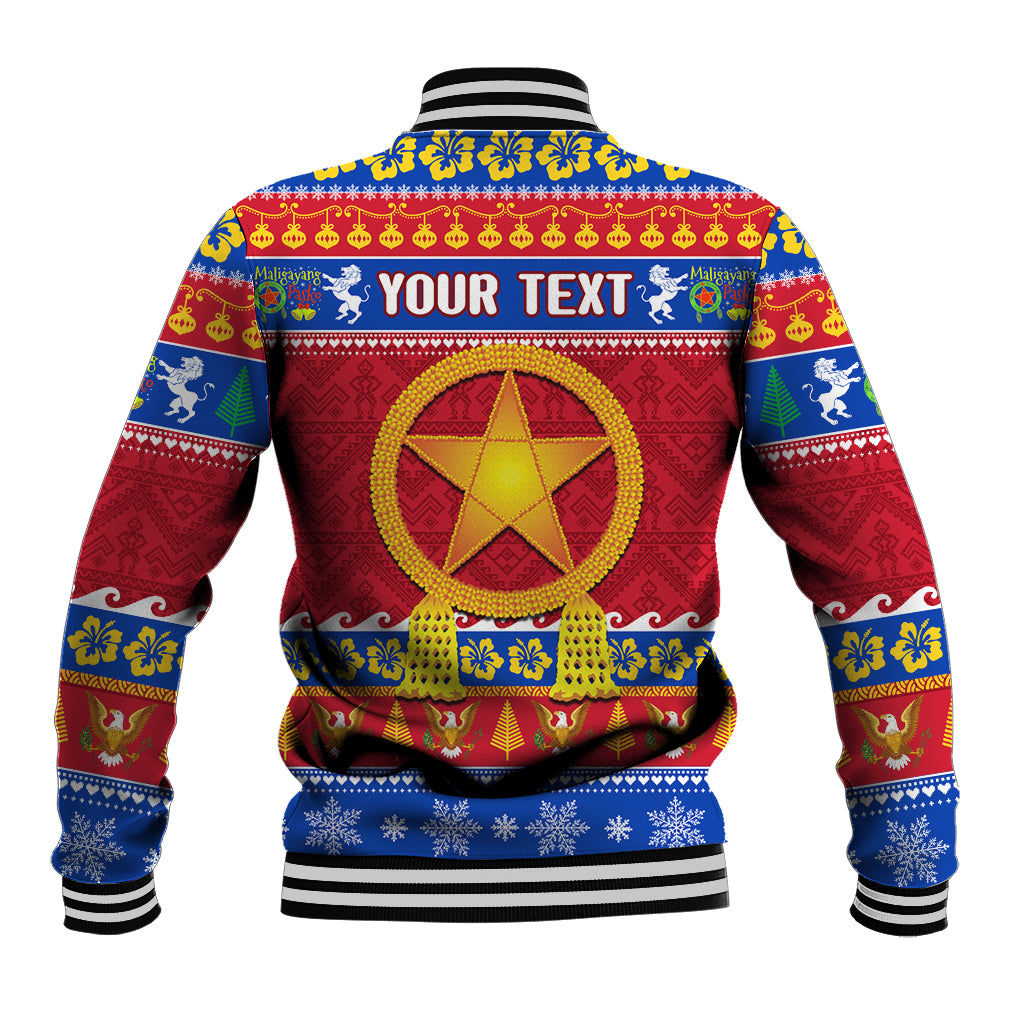 Unisex blue/red Christmas baseball jacket with back 'YOUR TEXT' and star lantern graphic