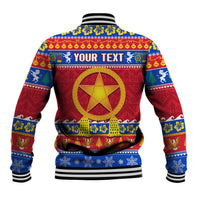 Unisex blue/red Christmas baseball jacket with back 'YOUR TEXT' and star lantern graphic