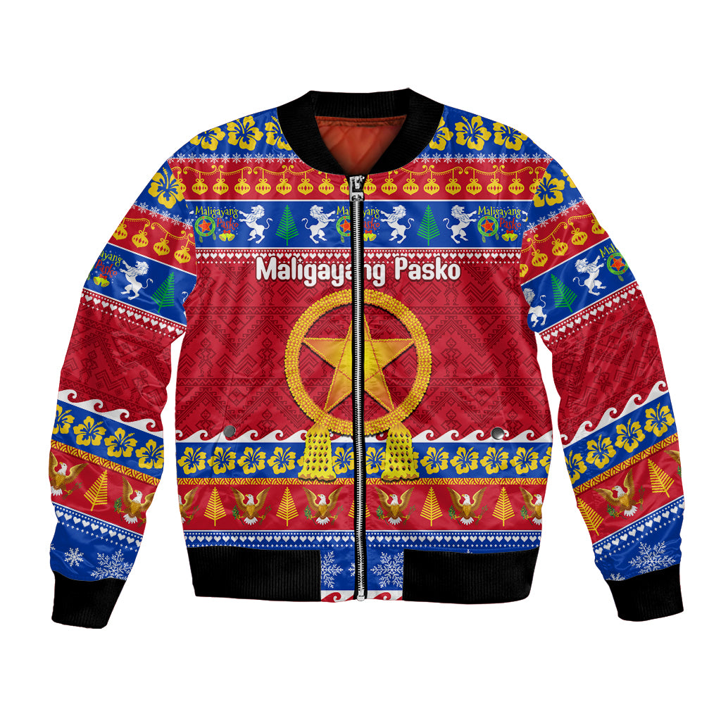 Unisex bomber jacket with parol star and 'Maligayang Pasko' print, blue red