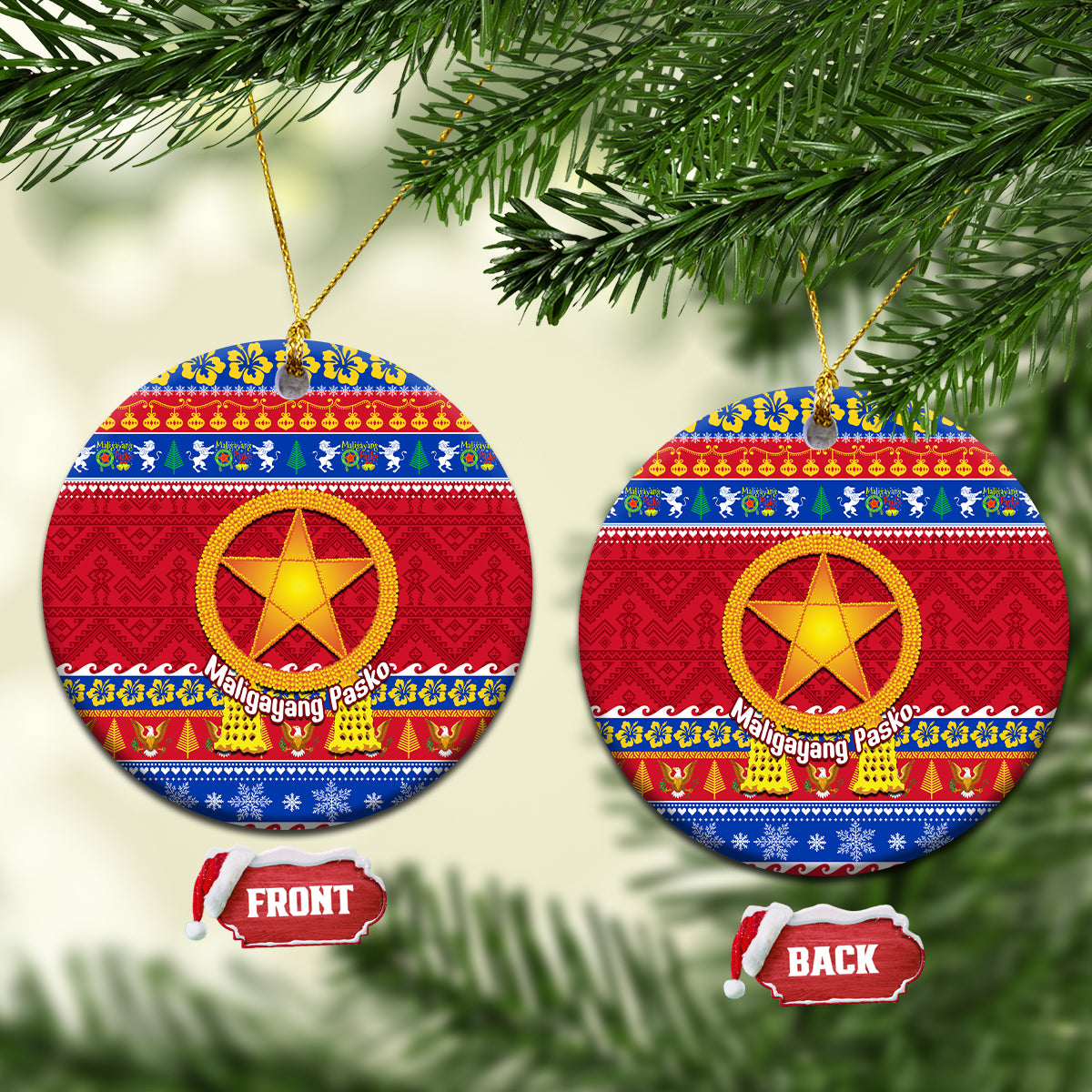 Round ceramic Christmas ornament pair with gold star halo, red blue Filipino parol style.