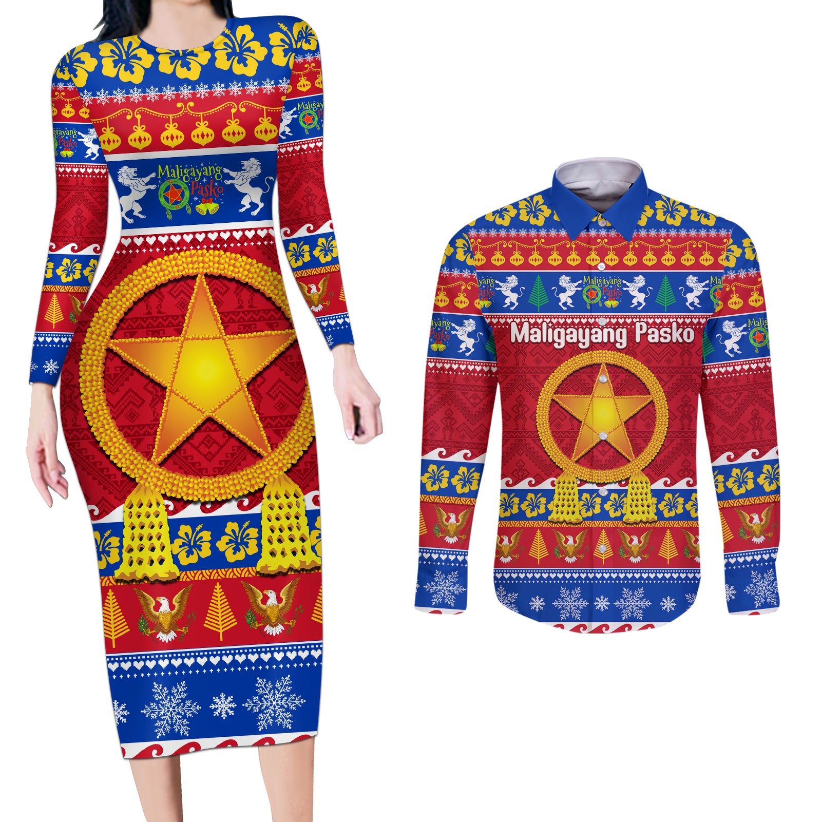 Custom Philippines Christmas Couples Matching Long Sleeve Bodycon Dress and Long Sleeve Button Shirt Filipino Parol Maligayang Pasko - Wonder Print Shop