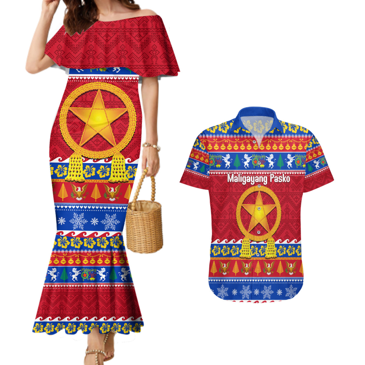 Custom Philippines Christmas Couples Matching Mermaid Dress and Hawaiian Shirt Filipino Parol Maligayang Pasko - Wonder Print Shop