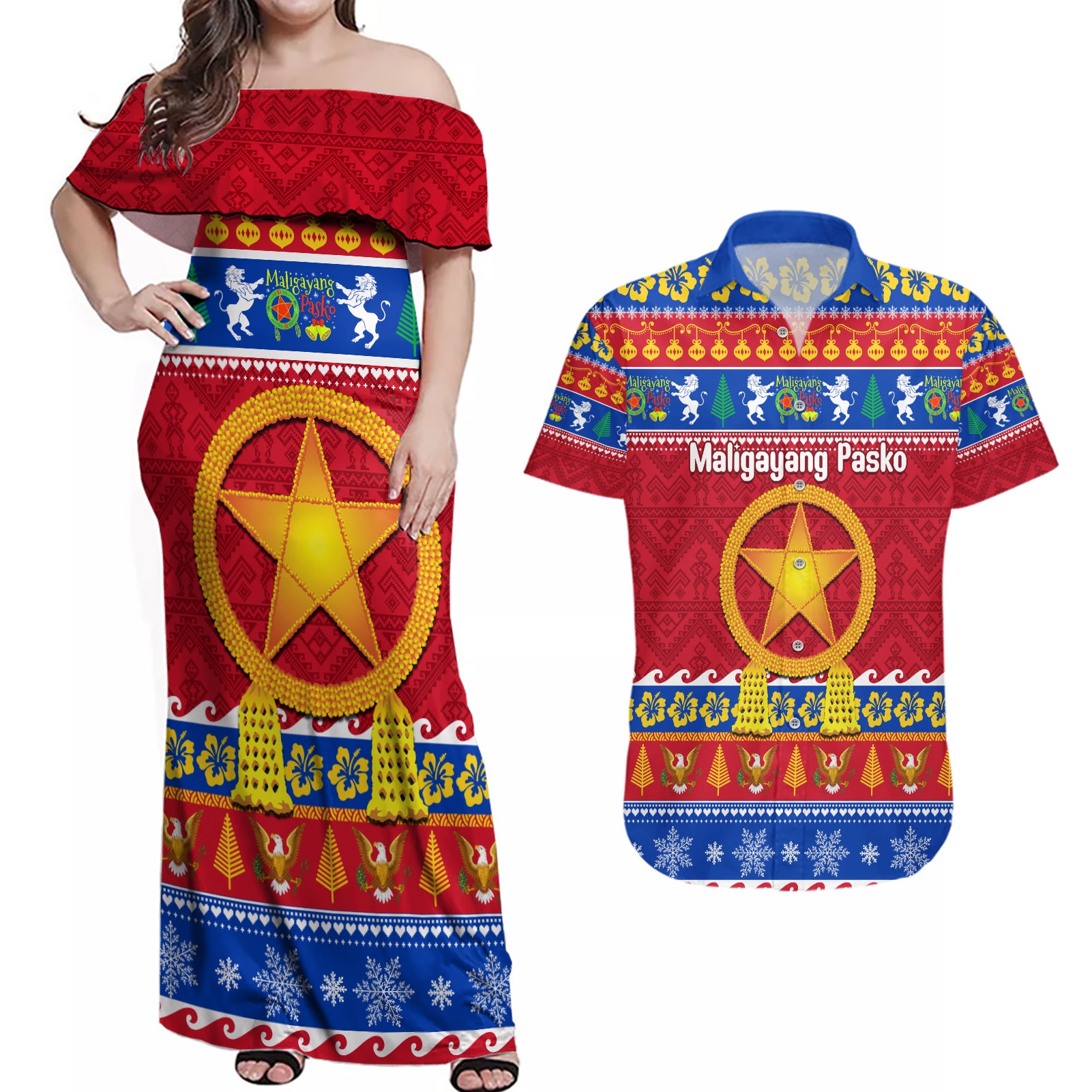 Custom Philippines Christmas Couples Matching Off Shoulder Maxi Dress and Hawaiian Shirt Filipino Parol Maligayang Pasko - Wonder Print Shop