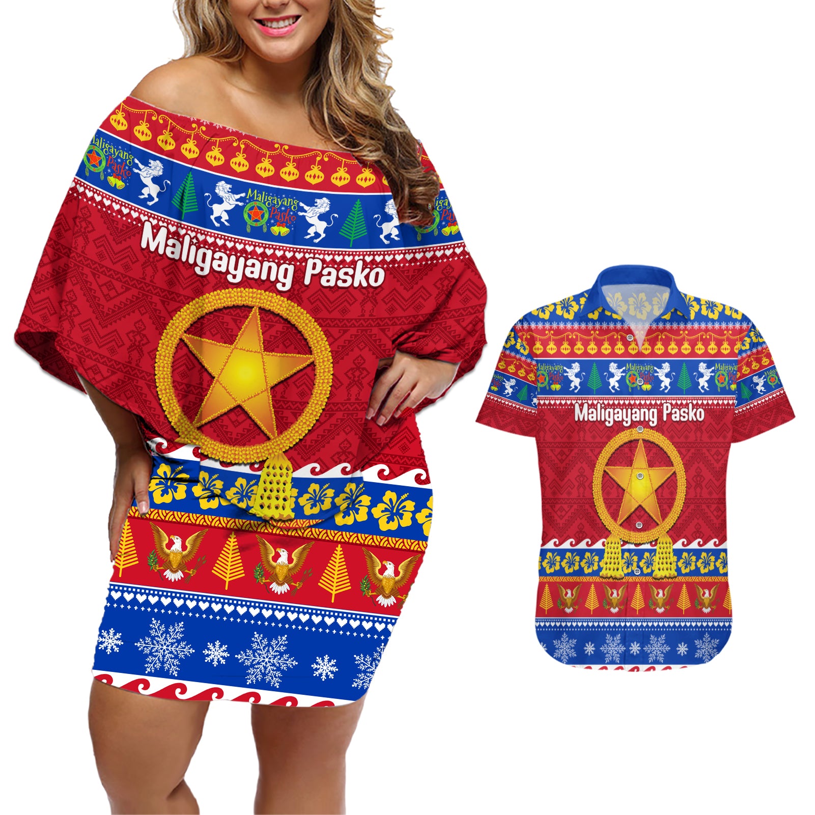 Custom Philippines Christmas Couples Matching Off Shoulder Short Dress and Hawaiian Shirt Filipino Parol Maligayang Pasko - Wonder Print Shop