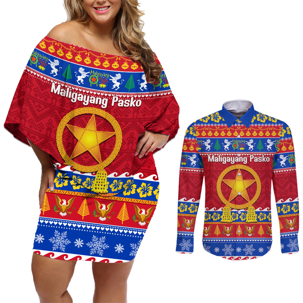 Custom Philippines Christmas Couples Matching Off Shoulder Short Dress and Long Sleeve Button Shirt Filipino Parol Maligayang Pasko - Wonder Print Shop