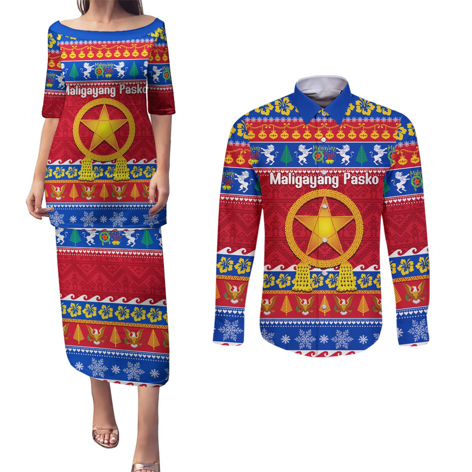 Custom Philippines Christmas Couples Matching Puletasi Dress and Long Sleeve Button Shirt Filipino Parol Maligayang Pasko - Wonder Print Shop