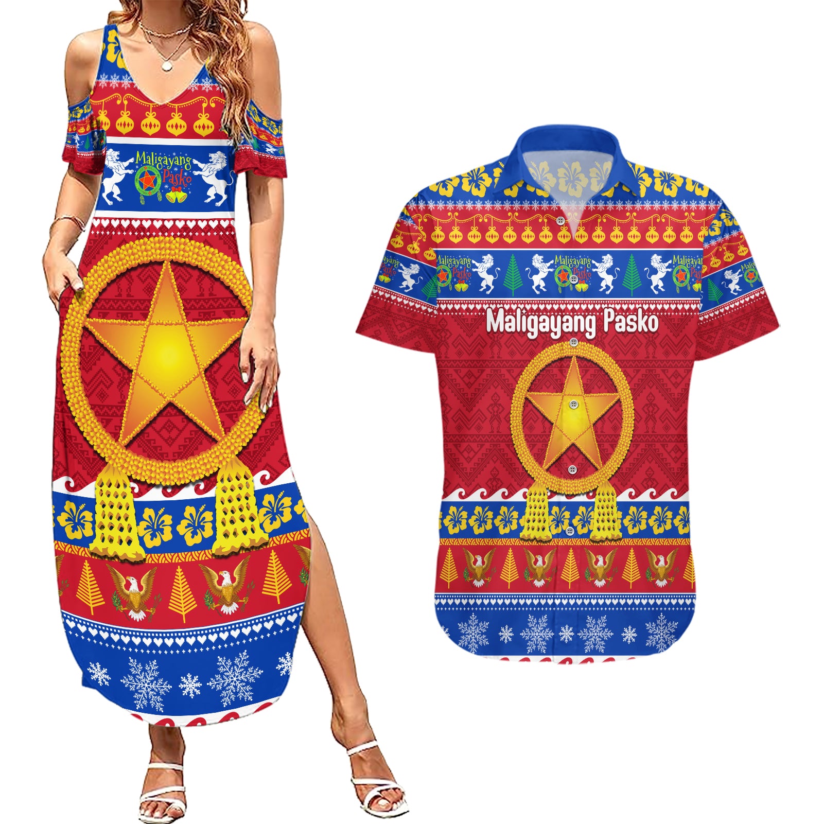 Custom Philippines Christmas Couples Matching Summer Maxi Dress and Hawaiian Shirt Filipino Parol Maligayang Pasko - Wonder Print Shop