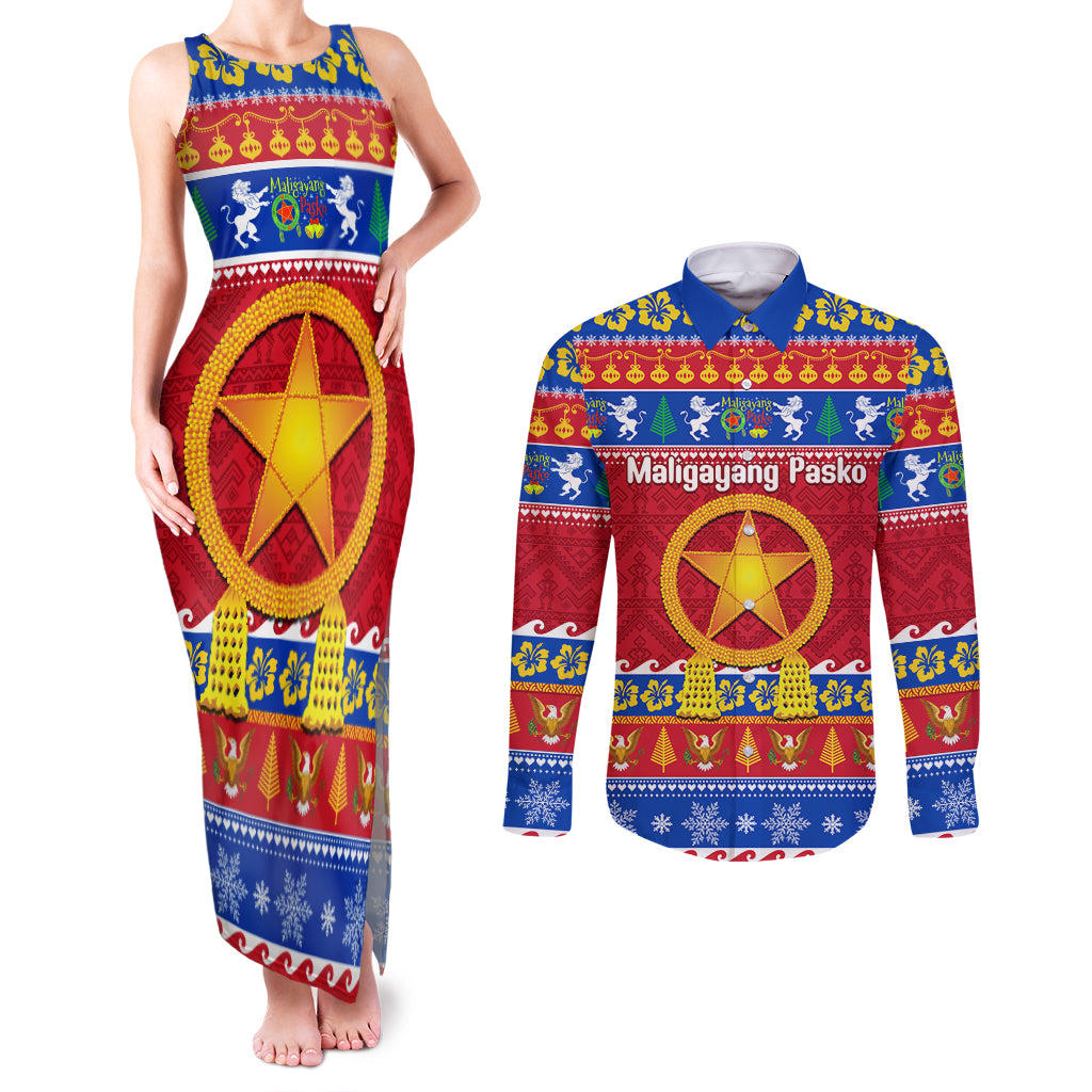 Custom Philippines Christmas Couples Matching Tank Maxi Dress and Long Sleeve Button Shirt Filipino Parol Maligayang Pasko - Wonder Print Shop