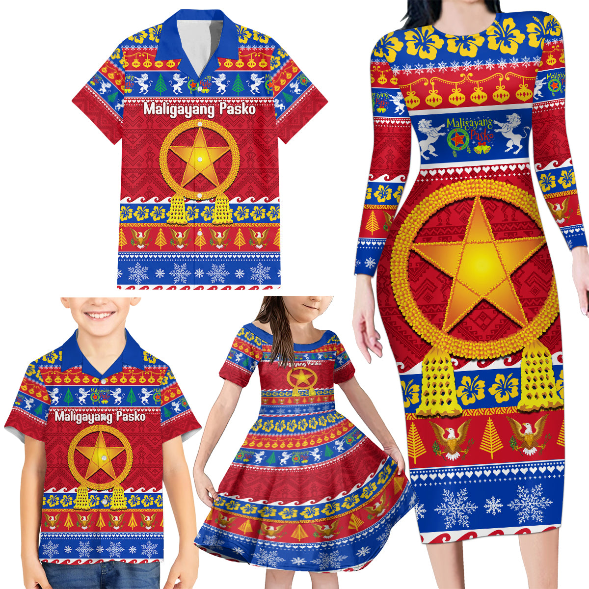 Custom Philippines Christmas Family Matching Long Sleeve Bodycon Dress and Hawaiian Shirt Filipino Parol Maligayang Pasko - Wonder Print Shop